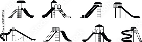 Playground, slide, icons, set, vector, silhouette, children, park, equipment, outdoor, play, recreation, kids, ladder, playset, design, collection, illustration, black, white