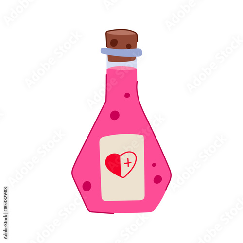 Pink liquid in a corked flask featuring a label with a heart and plus sign, representing medical healing, magical elixirs, and vitality in games or fantasy