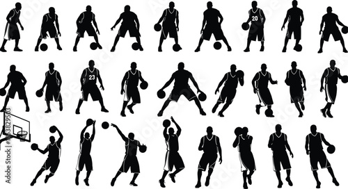 Professional basketball player silhouette collection featuring athletes dribbling, shooting, and dunking, ideal for sports, team competition, and active lifestyle designs.