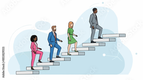 Diverse group of professionals ascending stairs symbolizing career growth.