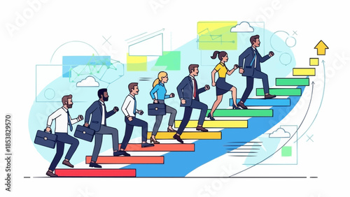 Diverse group of professionals climbing stairs symbolizing career growth and success.