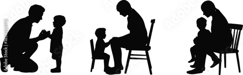 Adult child nurturing silhouette, emotional bond, caregiving moment, black vector art, parenting support, minimal design, comfort illustration, family connection