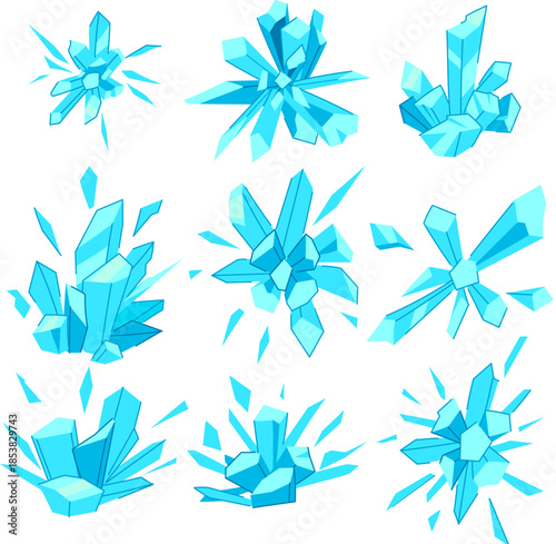 Ice crystal clusters and shards bursting dynamically, creating a frozen energy blast effect with glowing light for game assets, fantasy concepts, or magical power illustrations