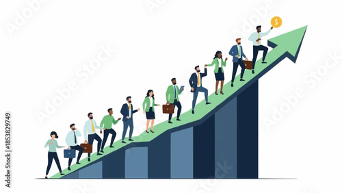 Business people climbing up a rising graph representing success and growth.