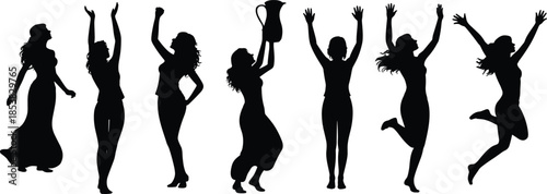Women silhouette poses, expressive movement, black vector art, celebration dance, emotional posture, artistic form, dynamic female illustration
