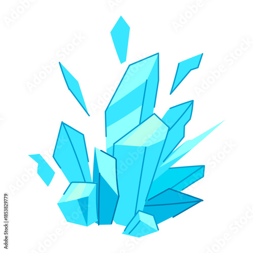 Ice crystals shattering and breaking apart. Creating an explosion of sharp. Cold fragments and sharp geometric shapes against a clean white background. Symbolizing power. Destruction. Or frozen energy