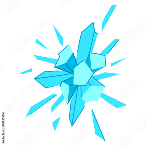 Abstract illustration showing a dynamic explosion of blue ice shards and geometric crystal shapes bursting outwards, creating a powerful freezing effect with frozen elements