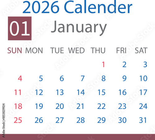 2026 calendar January