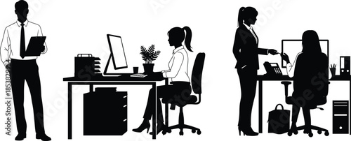 Professional business people silhouettes working in office environment, male executive standing with clipboard, female employees at desks using computers and collaborating.