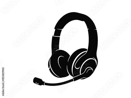 Black silhouette of gaming headphones with integrated microphone displayed clearly