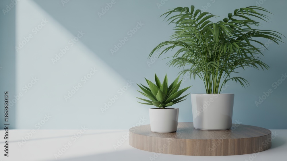 Obraz premium Plant Duo with minimalist theme: Two vibrant potted plants, elegantly placed on a natural wooden pedestal, enhance a clean, modern interior space with their fresh.