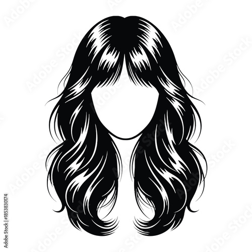 Elegant long wavy hair sketch with bangs a blank face silhouette