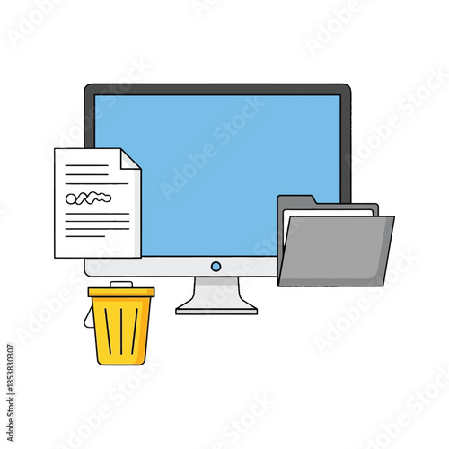 Computer with document folder and trashcan illustration showing digital workspace