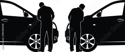 Professional car mechanic silhouette repairing vehicles with open doors, automotive technician team for garage service, maintenance, and expert vehicle diagnostics.