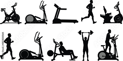 Professional Fitness Silhouettes Featuring Gym Equipment Treadmill Elliptical Stationary Bike Weightlifting Exercise Machines And People Working Out For Healthy Lifestyle Icons