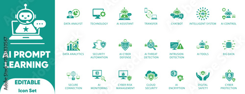 AI prompt and data icons. Features chatbot, analytics, big data, and shield icons. Perfect for SaaS dashboards, machine learning, and cyber defense.