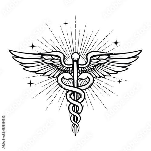 An artistic rendering of the caduceus symbol with detailed wings and rays
