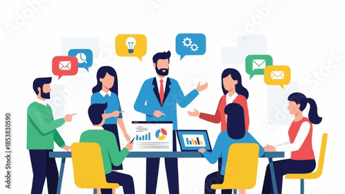 Diverse team collaborating in a modern office meeting.