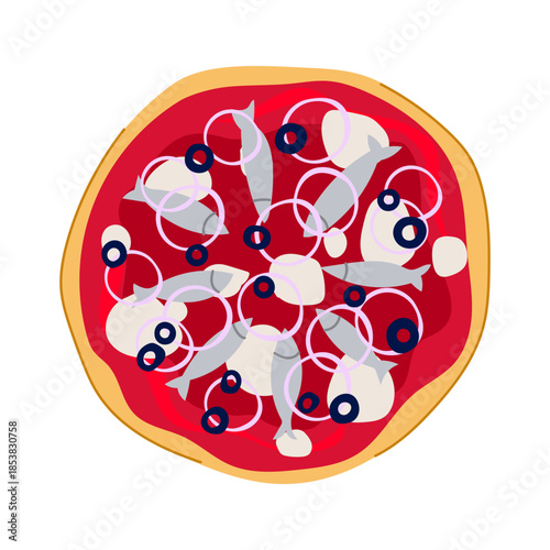 Neapolitan style pizza presenting classic toppings of anchovies, black olives, sliced onion, and mozzarella on a vibrant red tomato sauce base, perfect for mediterranean food concepts
