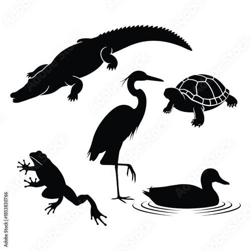 Silhouette wildlife illustration featuring a crocodile heron turtle and other creatures