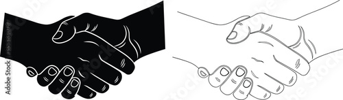 Professional handshake icon, black solid silhouette and detailed line art, partnership, successful cooperation, business deal, trust symbol, vector set.