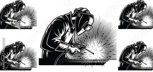 Professional Industrial Welder Illustrations Featuring Metalwork Fabricators Wearing Protective Safety Masks Sparks Flying Heavy Manufacturing Skilled Labor Construction Worker Service Icons