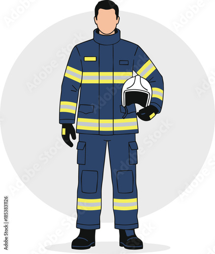 Professional Male Firefighter Standing in Protective Blue Uniform Holding Helmet Illustration for Fire Department Safety and First Responder Rescue Services