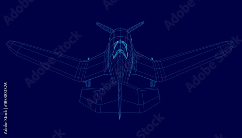 A retro wireframe plane model is rendered in 3D with realistic detail. The blue background provides stark contrast and a clean, modern aesthetic.