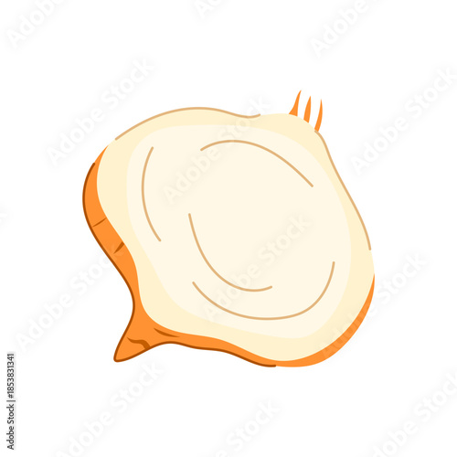 Jicama root with brown textured skin and crisp white flesh, sliced to show edible interior nutritious, mildly sweet vegetable ideal for fresh markets, salads and healthy cooking