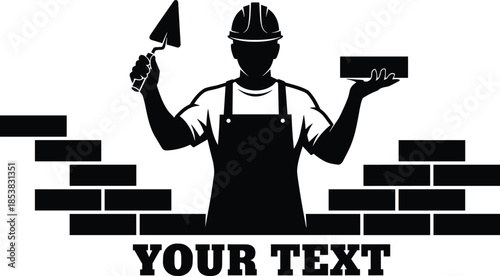 Professional Masonry Bricklayer Silhouette Vector Illustration, Construction Worker Building Brick Wall with Trowel Tool, Industrial Logo Design Template, White Background