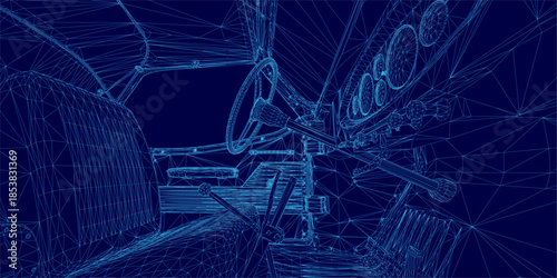 A retro sport car interior wireframe model with intricate lines and realistic shapes on a solid blue background.
