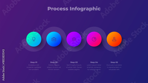 5 Steps Process Infographic Diagram Presentation Template on Dark Background, Modern Horizontal Workflow with Five Step Options Vector