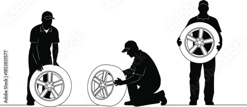 Professional tire service technician silhouette team changing wheels, automotive mechanics for garage maintenance, tire fitting shop, and expert vehicle repair.