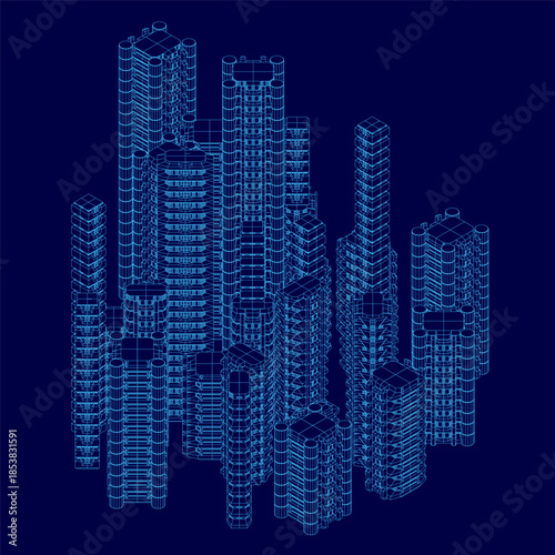 A sci-fi city blueprint displays a symmetrical wireframe of uniquely shaped skyscrapers on a dark blue background. The detailed, bustling cityscape features clearly visible architectural structures.