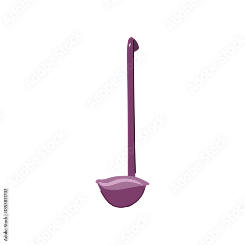 Purple kitchen ladle with deep bowl and long handle isolated on white, flat graphic style ideal as cooking utensil icon, serving tool, or culinary design element