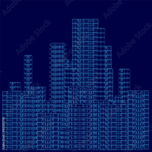A sci-fi city blueprint features a tall building with intricate wireframe shapes. The stark white structure contrasts against a deep blue background.