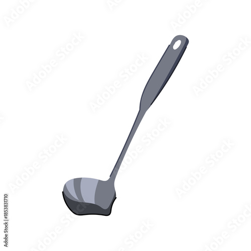 Gray metallic kitchen ladle with long handle and rounded bowl for scooping and serving soups, stews, sauces and gravies, minimal flat design on white background
