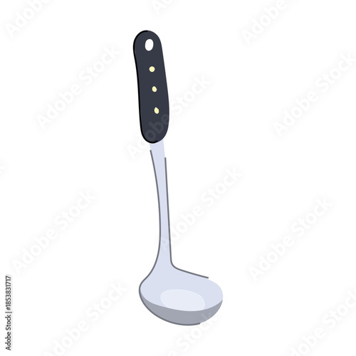 Kitchen ladle with polished silver scoop and dark handle accented by yellow rivets and hanging hole, ideal for serving soups, stews, sauces in home or professional kitchens