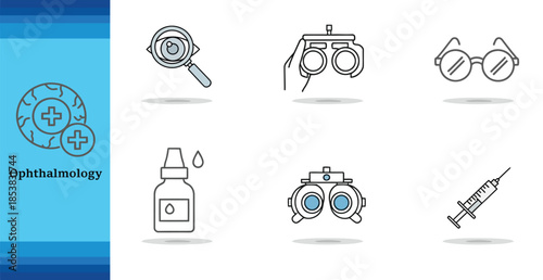 Ophthalmology icons representing eye care and medical tools a dark silhouette