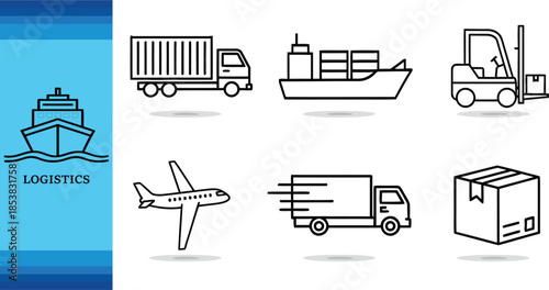 Logistics and transportation icons in black and white a simple silhouette 