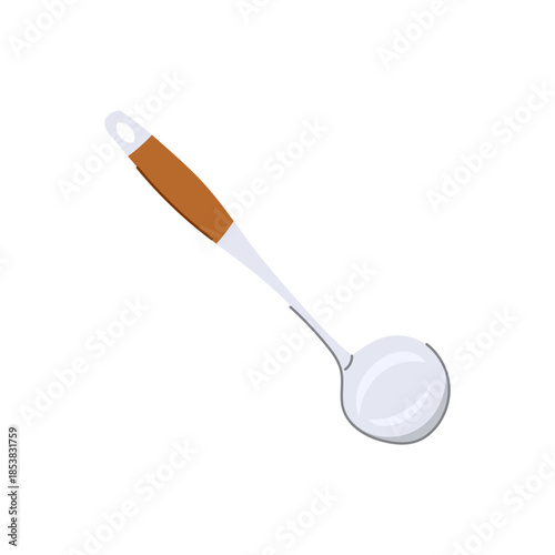 Metal kitchen ladle featuring a rounded head and a brown wooden handle with a hanging hole, representing a common kitchenware item used for serving soups and stews