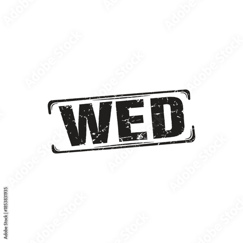 Vintage WED Wednesday Distressed Stamp Icon, Black Grunge Typography for Mid-Week Schedule
