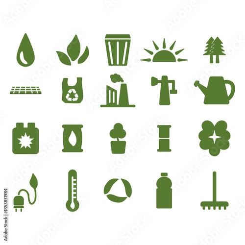 Solid Simple Green Environment Icon Set for Sustainable Lifestyle and Conservation
