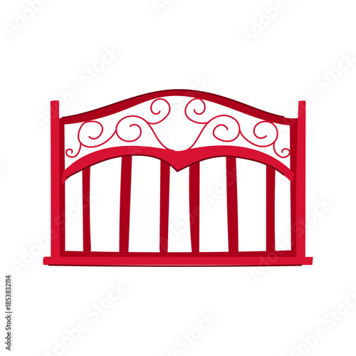 Red decorative fence section, resembling a headboard or a gate element, presenting elegant scrollwork and vertical bars, ideal for concepts of home, security, division, or ornamentation