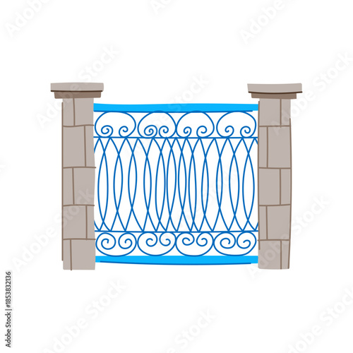 Blue decorative metal fence section featuring ornate scroll patterns and elegant oval shapes, positioned between two solid stone pillars providing a classic architectural boundary element