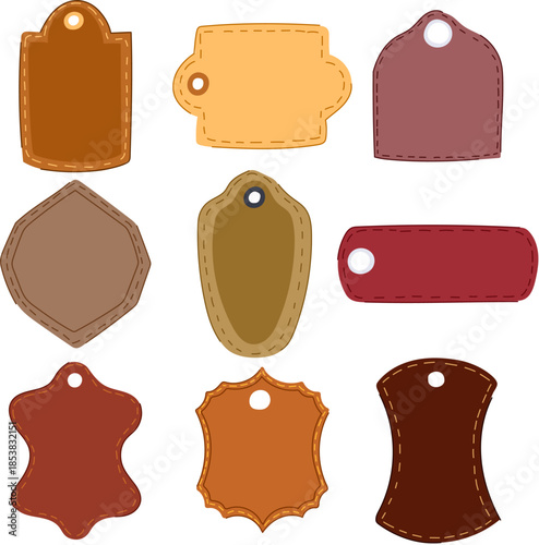 Set of blank leather like labels and tags displaying various shapes with stitched borders and grommets, useful for branding, price information, or product identification
