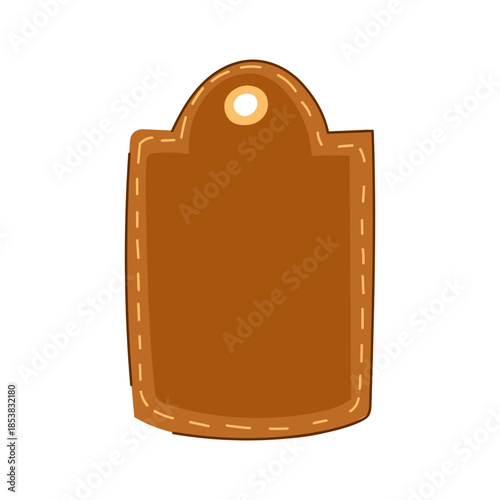 Brown leather textured blank label presenting a stitched border and a hole for hanging, offering copy space for branding, pricing, or product information