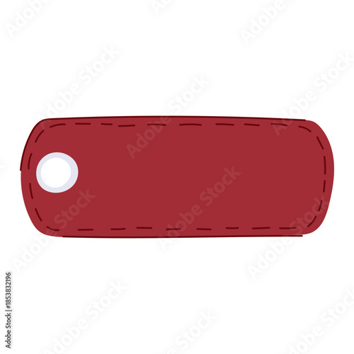 Reddish brown flat leather style tag with decorative stitching and a reinforced eyelet, blank center for custom textideal for pricing, branding, labels, or vintage inspired designs