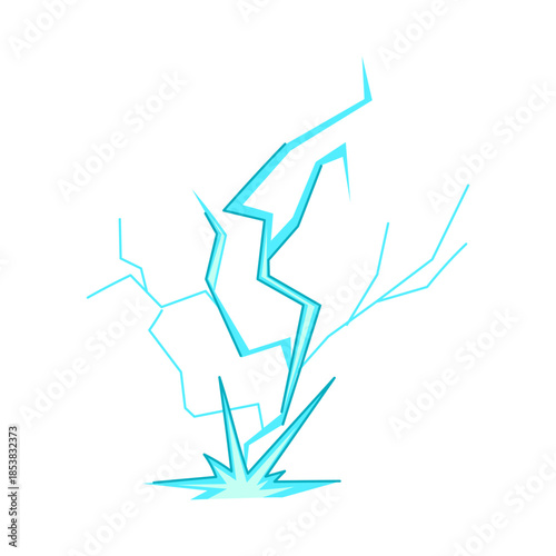 Blue stylized lightning bolt striking a surface, generating an energetic electricity discharge and sparks, illustrating power, force, and sudden impact