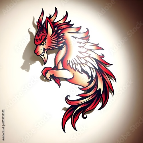 Wallpaper Mural a stylized phoenix bird illustrated in bold red, black, and white tones. The phoenix is rising upward with wings spread, representing rebirth, strength, immortality, and transformation. The clean back Torontodigital.ca